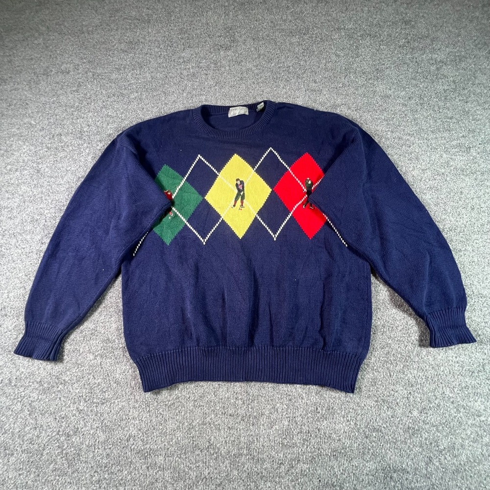 Vintage John Ashford Golf Sweater Mens XL Blue Knit Argyle Embroidered Grandpa